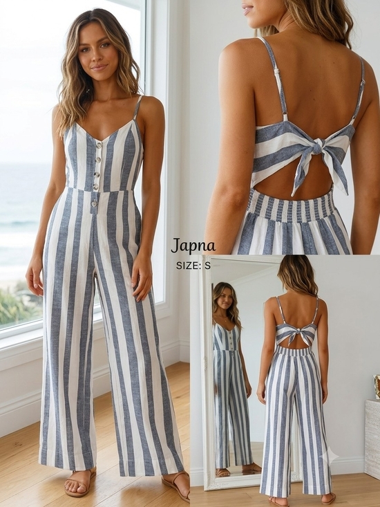 Japna Pants - Japna Striped Wide Leg Jumpsuit Womens S Tie Front Smocked Back Coastal Beach